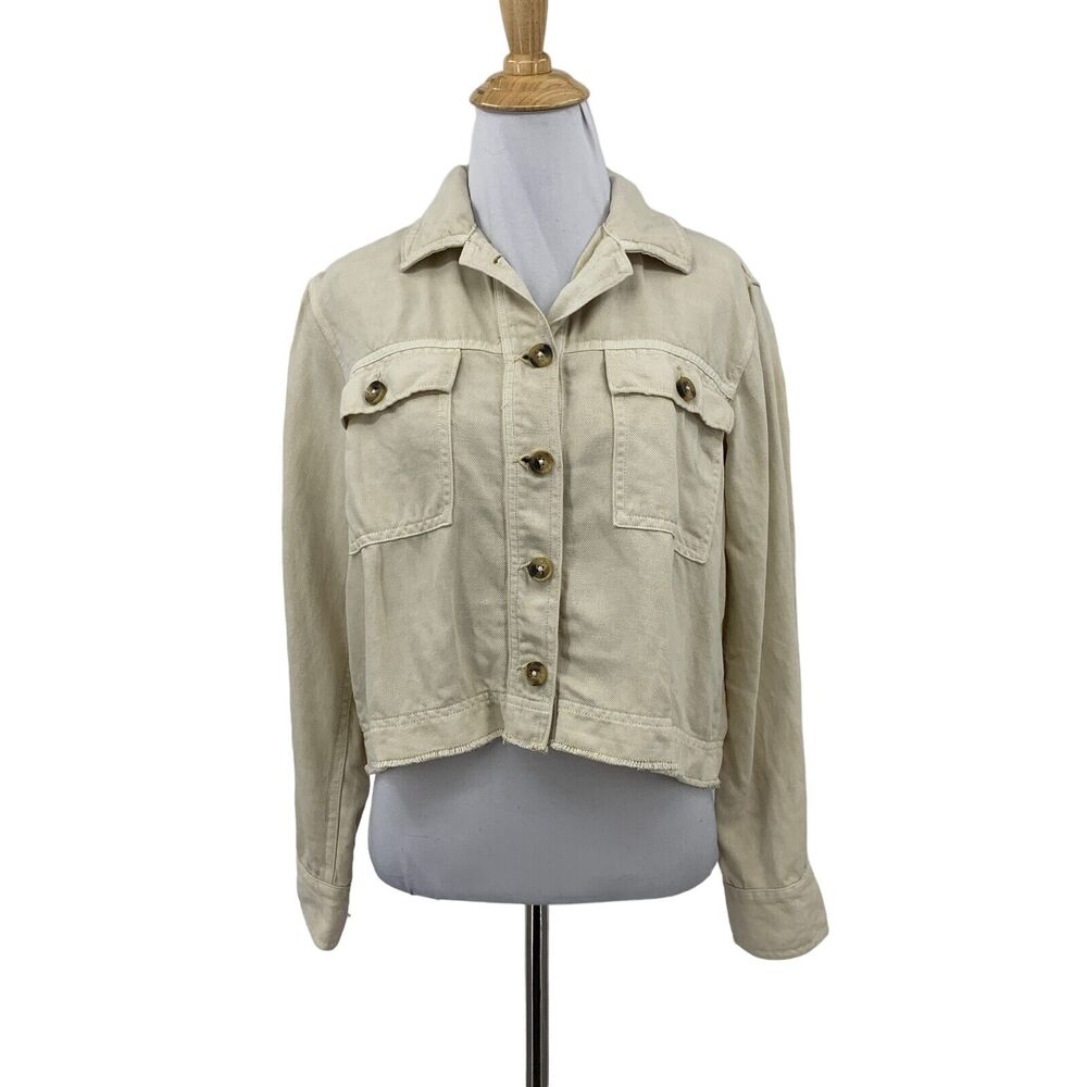 Aerie Cropped Jean Jacket Women S Small Beige Button Up Square Flap Pockets